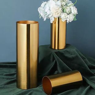 欧式圆筒金属电镀花瓶摆件客厅，样板房金色铁艺插花器轻奢软装饰品