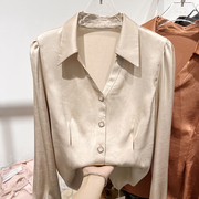 2023韩国修身显瘦翻领钉珠，单排扣浮雕长袖雪纺衬衫女秋季