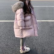 2023加厚保暖外套女童，韩版大毛领连帽棉服，儿童中长款时尚棉衣