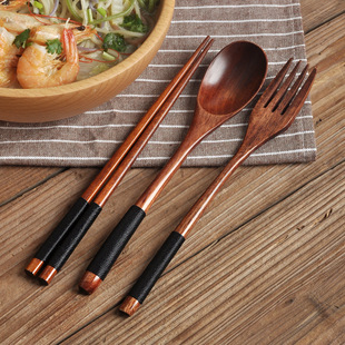 韩式木质餐具创意彩色木勺三件套 实木长柄情侣勺子筷子便携餐具
