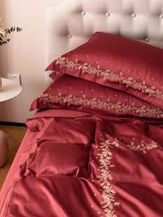 高端欧式风浪漫婚庆，100支全棉四件套大红色刺绣，结婚被套床上用品