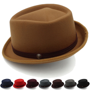 春秋冬季男女通用菱形顶帽子英伦绅士毛呢礼帽欧美复古平顶爵士帽