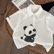 辰妈儿童短袖衬衫2024夏男女童熊猫卡通贴布衬衣宝宝白色翻领上衣