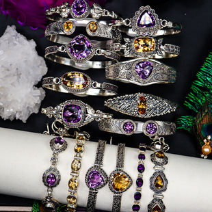 尼泊尔黄紫水晶宝石手镯手链，女s925纯银，复古精致手工做旧原创设计