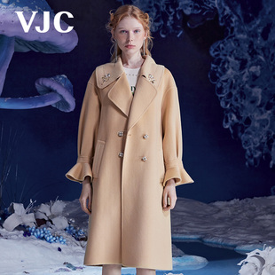 VJC/威杰思秋冬女装杏色羊毛大衣中长款温柔甜美外套