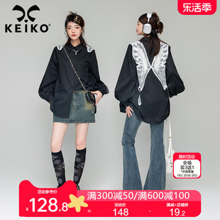 keiko刺绣蝴蝶花黑色长袖衬衫女2024春夏设计感小众韩版宽松上衣