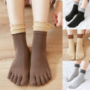 五指袜女纯棉秋冬短筒中筒堆堆舒适日系可爱松口孕妇分脚趾船袜子