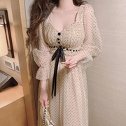 韩国chic秋季法式浪漫方领系带收腰显瘦微透喇叭袖波点连衣裙长裙