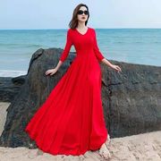 雪纺红色连衣裙七分袖，优雅长款大摆收腰显瘦旅游度假长裙