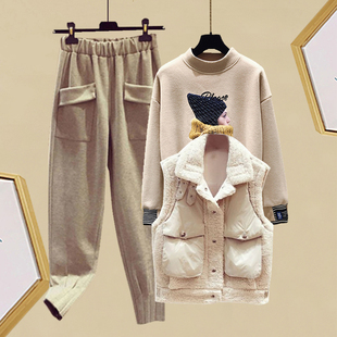 小个子冬季三件套女韩版加厚加绒卫衣+羊羔毛马甲(毛马甲，)外套+束脚毛呢裤