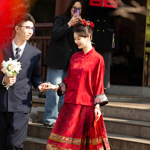 苏爱初言 红色仿妆花马面裙套装女新中式汉服上衣新娘订婚礼裙