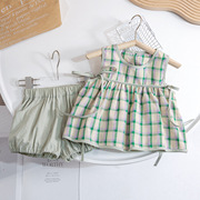 儿童女童夏日格子套装绿色，小清新色织格纹娃娃衫背心裙短裤两件套