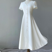 白色连衣裙女2023春夏法式气质优雅中长款v领收腰高级礼服裙