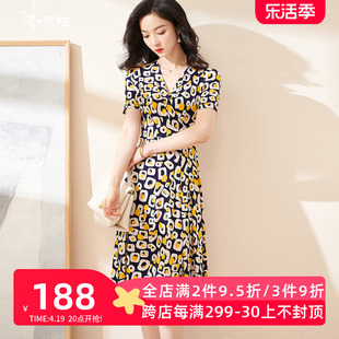 米思阳2024夏季时尚印花短袖，连衣裙薄款高腰，显瘦大摆裙子1413
