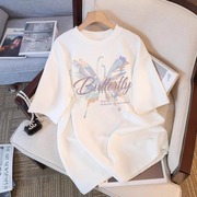 蝴蝶印花白色圆领短袖t恤女2024夏季设计感时尚百搭上衣