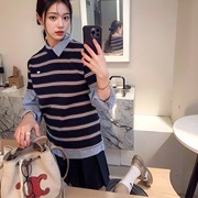 24s欧洲站春季韩版设计师复古撞色横条纹圆领学院风时髦短袖T恤女