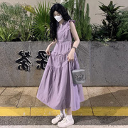 紫色小飞袖连衣裙女夏季2023蓬蓬裙高级感法式温柔风甜美长裙