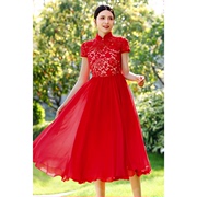 美妃红色法式高级气质，绝美显瘦收腰雪纺，蕾丝连衣裙2023女夏季