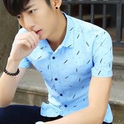 夏季短袖衬衫男士韩版修身青少年，半袖衬衣潮男装学生休闲寸衫衣服