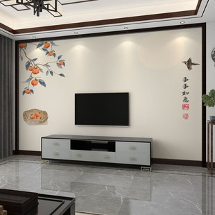 墙纸3d立体中式柿柿如意电视背景墙壁纸客厅，壁布沙发壁画卧室墙布