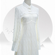 纯白色蕾丝旗袍连衣裙，女冬长袖中长款中式女装，中国风改良版旗袍裙