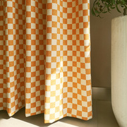 时尚现代极简约橘橙色棋盘格子窗帘定制遮光双面提花棉麻高级感新