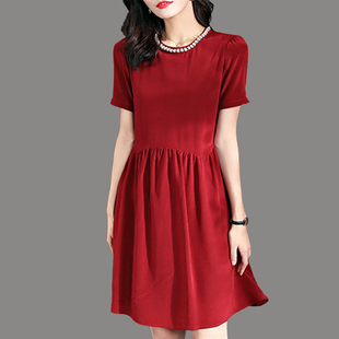 欧美高端气质钉珠圆领短袖褶皱简约桑蚕丝红色连衣裙荷叶边真丝裙