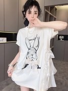 RR fashion 短袖T恤裙女2024夏季中长款兔子印花网纱拼接上衣