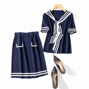 2024夏季女海军风撞色条纹系带冰丝短袖针织衫半身裙时尚套装