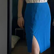 富耀姿蓝色包臀裙侧开叉，一步裙高腰短裙，法式纯色复古半裙24夏季