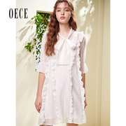 OECE夏装女装 法式白色系带领花边喇叭袖气质连衣裙