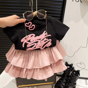 2024夏季韩版女童印花套装，宝宝字母短袖，t恤+休闲百褶裙裤潮