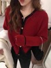 本命年新年红色毛衣外套女秋冬设计感小众拼色v领针织开衫外穿