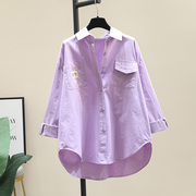 浅紫色棉衬衫女春装2024年韩版宽松休闲长袖衬衣别致小衫上衣