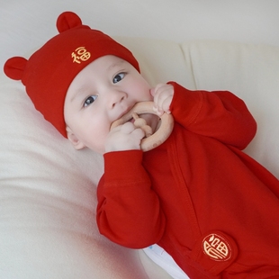 婴儿帽子春秋冬季宝宝纯棉胎，帽新生儿初生儿大红色帽子满月周岁帽