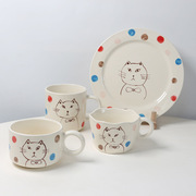 ins风纯手绘波点猫咪杯盘可爱咖啡杯陶瓷水杯子家用牛奶马克杯