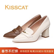 kisscat接吻猫2024春款粗跟尖头，羊皮高跟鞋女鞋单鞋气质百搭鞋