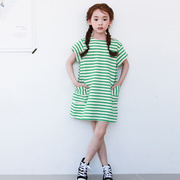 韩版童装女童夏季绿色条纹宽松短袖T恤裙中大儿童亲子口袋连衣裙