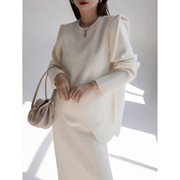 BELIN 设计感白色针织毛衣女秋冬韩版温柔风不规则圆领牛角袖上衣