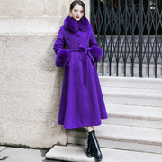 复古立领紫色羊绒大衣女，纯色中长款过膝毛呢外套羊毛绒真狐狸毛领