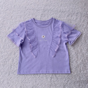 2023夏季  女童纯棉紫色圆领甜美蕾丝荷叶边短袖T恤