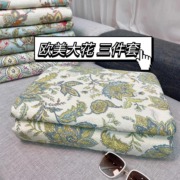 出口欧美纯棉双面床盖，三件套花卉大尺寸砂洗工艺，夹层棉花绗缝床单