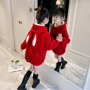 女童连帽卫衣加绒2024韩版洋气时髦冬装儿童中长款加厚上衣潮