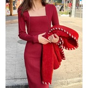 女神范气质红色礼服针织长裙高级感名媛御姐风毛衣修身包臀连衣裙