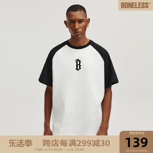 BONELESS撞色插肩拼色基础logo印花圆领短袖美式潮牌高街上衣