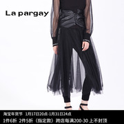 Lapargay纳帕佳2023女春季黑色两件套紧身裤网纱裙休闲直筒裤