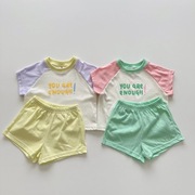 韩版ins婴幼儿夏季拼接拼色亲子装三色套装，字母上衣圆领糖果百搭