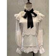 秋季名媛气质白色蕾丝套装衬衫短裙小礼服收腰小众连衣裙长袖圆领