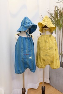 韩国贵牌小星星夏季男女宝宝，韩版连体衣背带裤加帽子爬服套装