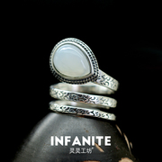 INF随心原创925纯银镶天然和田玉戒指环复古宝石戒指开口饰品